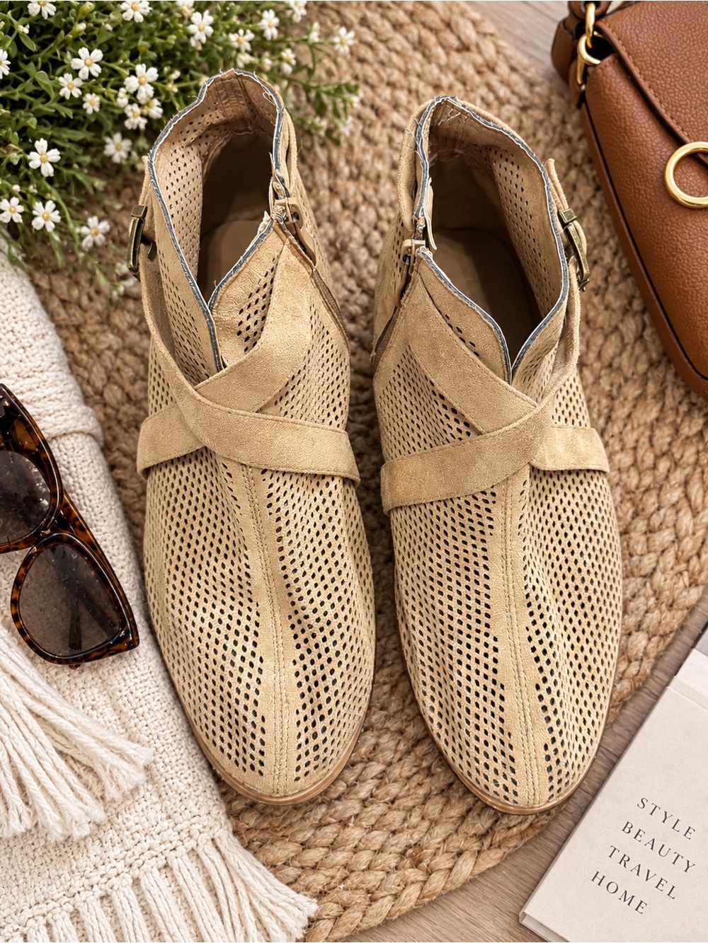 Tan Perforated Suede Ankle Booties Crossover Strap Block Heel